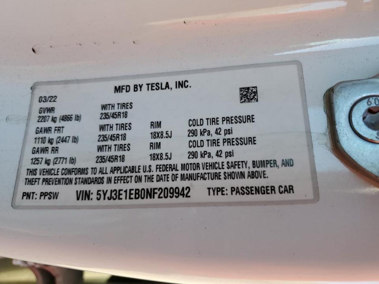 2022 Tesla Model 3 VIN: 5YJ3E1EB0NF209942 Lot: 85345234