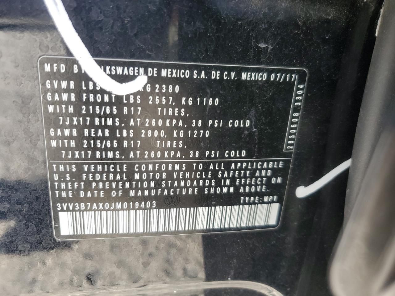 2018 Volkswagen Tiguan Se VIN: 3VV3B7AX0JM019403 Lot: 83060894