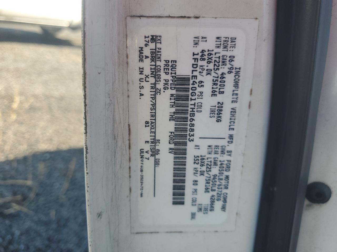 1996 Ford Econoline E450 Super Duty Cutaway Van Rv VIN: 1FDLE40G1THB68833 Lot: 84921144