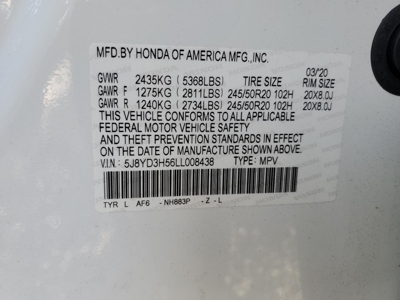 VIN 5J8YD3H56LL008438 2020 ACURA MDX no.14