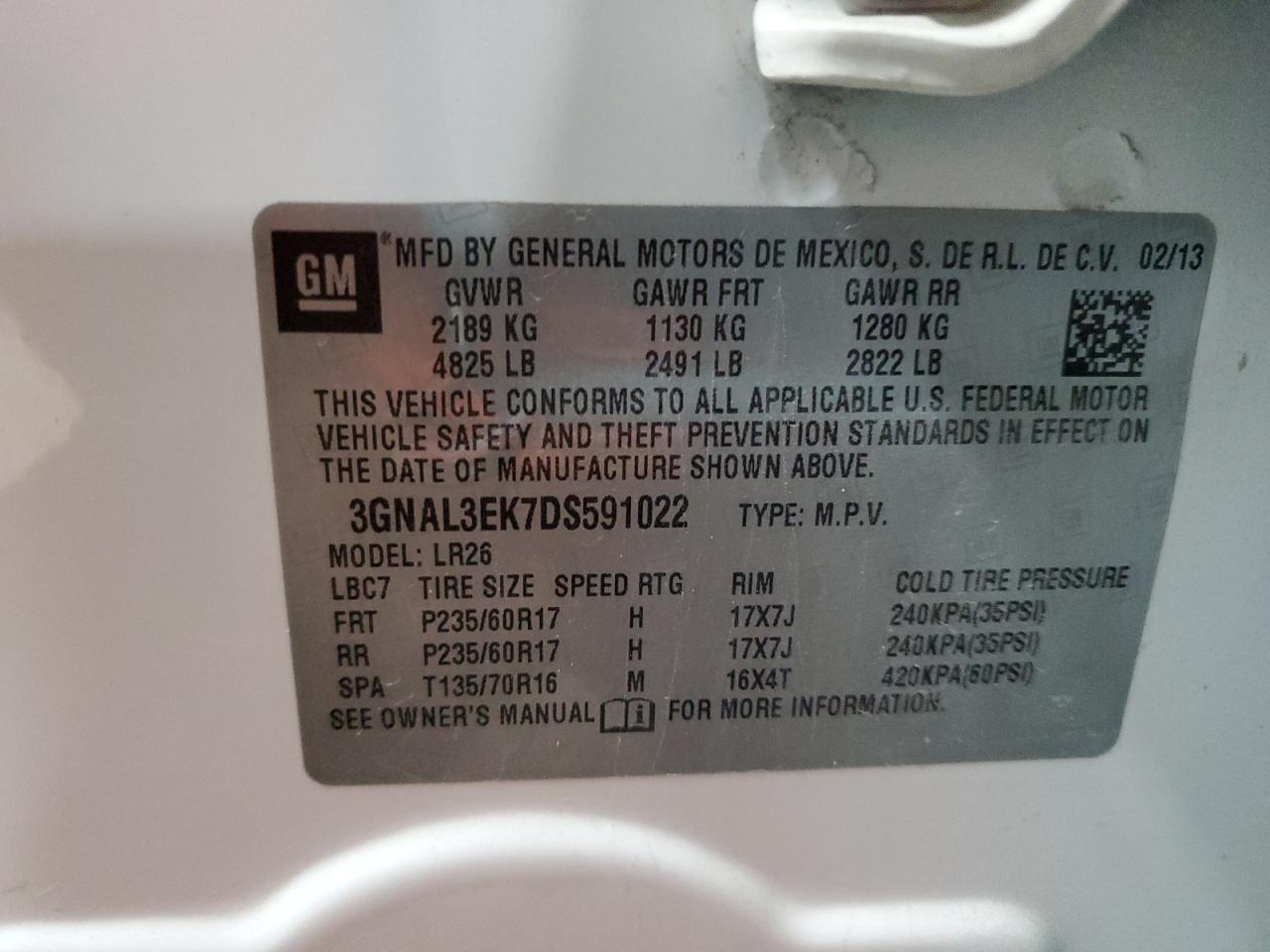 2013 Chevrolet Captiva Lt VIN: 3GNAL3EK7DS591022 Lot: 83681344