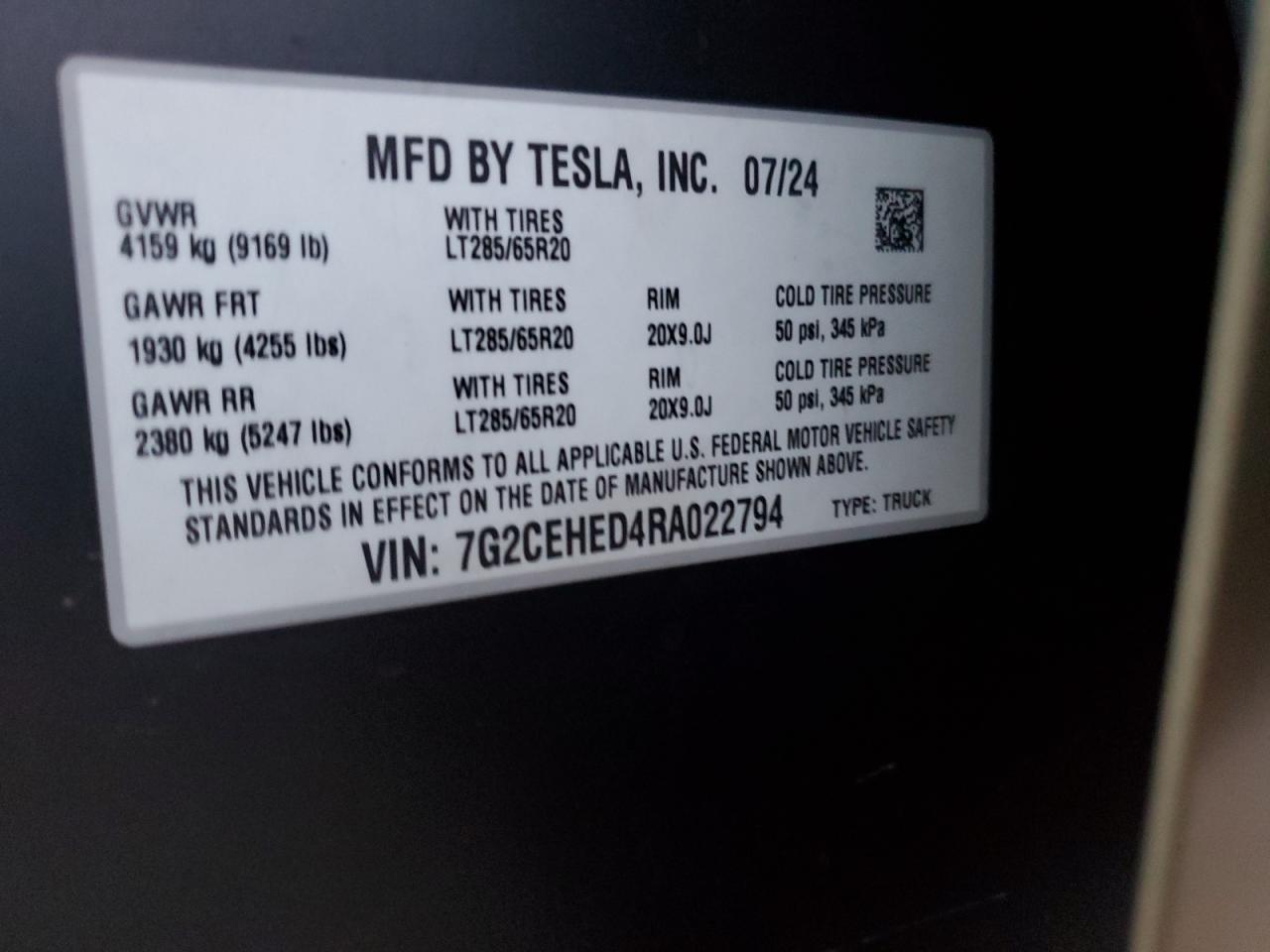 2024 Tesla Cybertruck VIN: 7G2CEHED4RA022794 Lot: 85457314