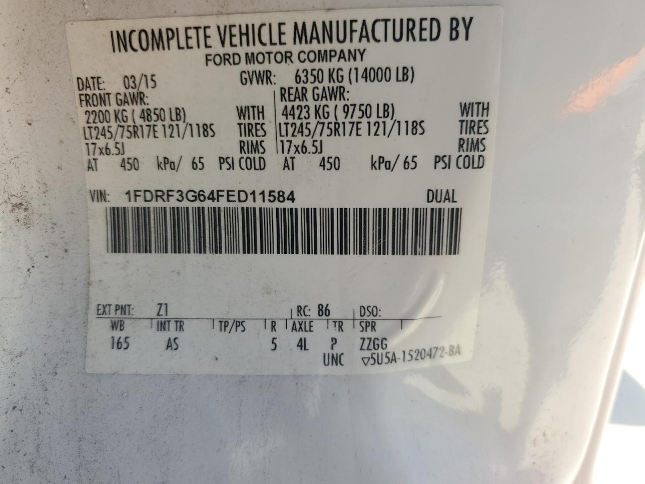 VIN 1FDRF3G64FED11584 2015 FORD F350 no.12