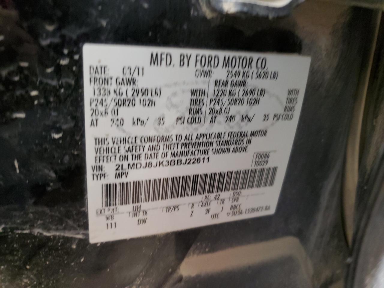 2011 Lincoln Mkx VIN: 2LMDJ8JK3BBJ22611 Lot: 85442234