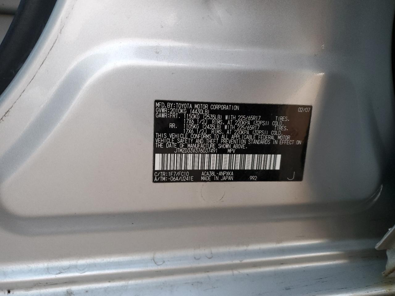 2007 Toyota Rav4 VIN: JTMZD33V376037491 Lot: 84037115