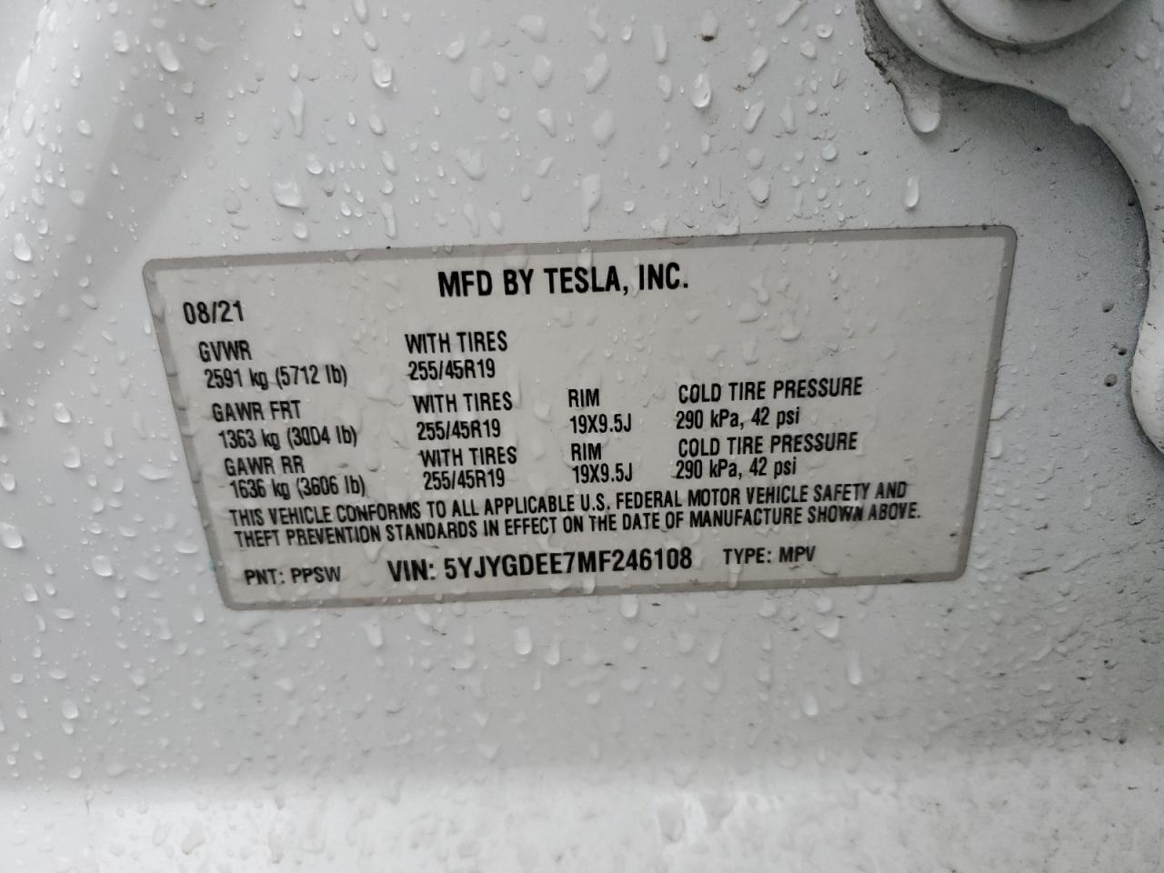 2021 Tesla Model Y VIN: 5YJYGDEE7MF246108 Lot: 85501424