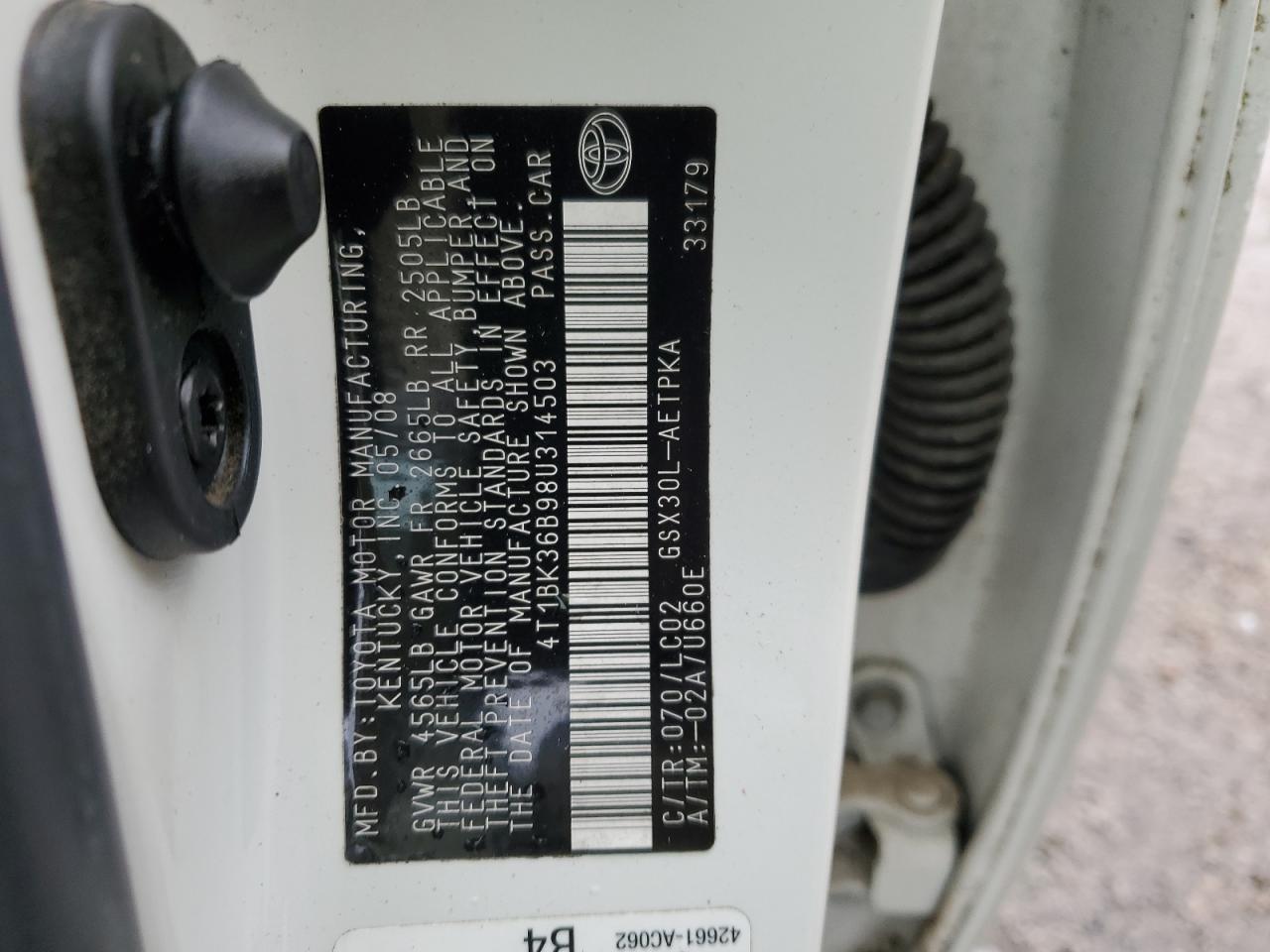 2008 Toyota Avalon Xl VIN: 4T1BK36B98U314503 Lot: 86021924