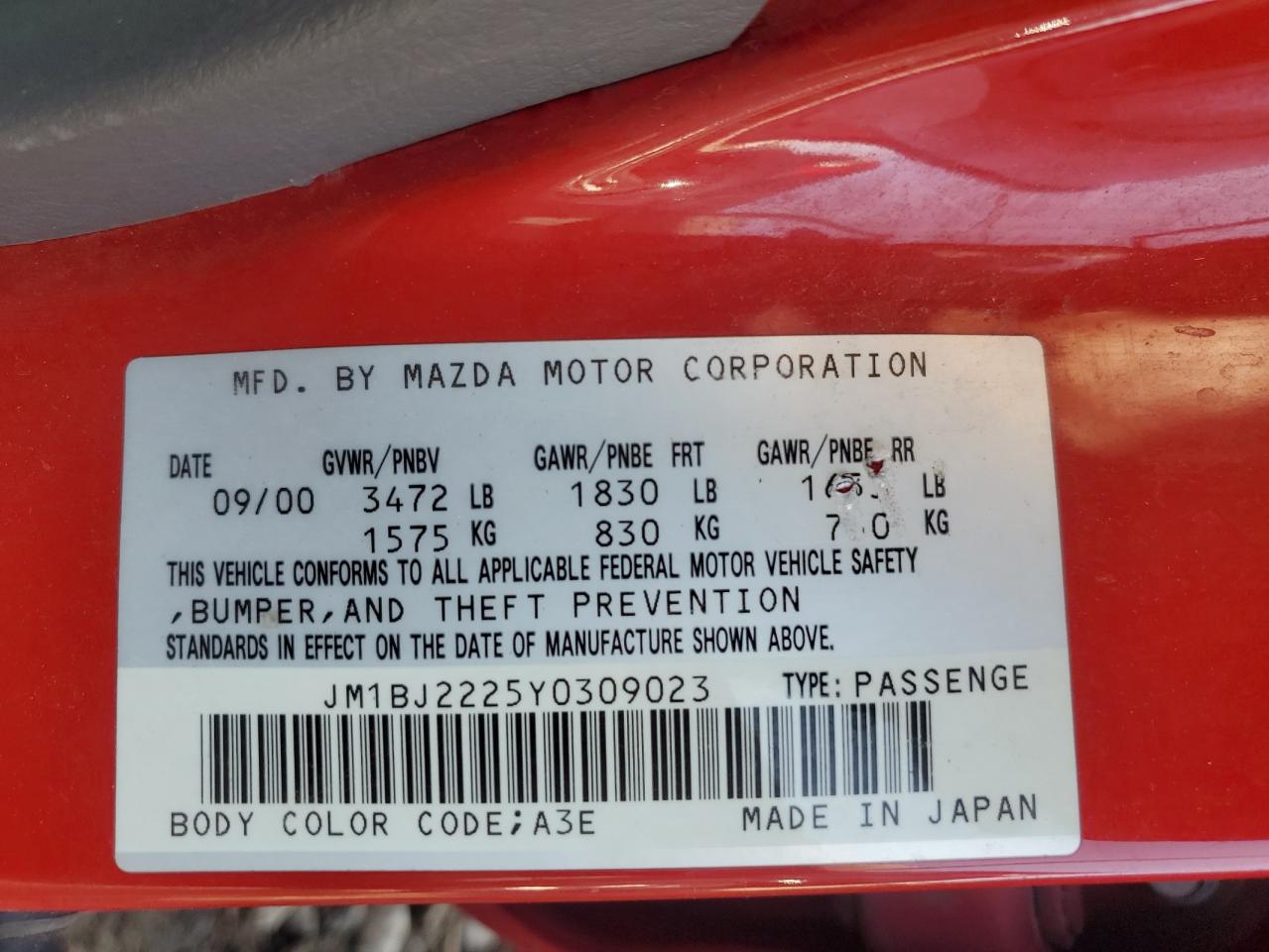 2000 Mazda Protege Dx VIN: JM1BJ2225Y0309023 Lot: 85962334