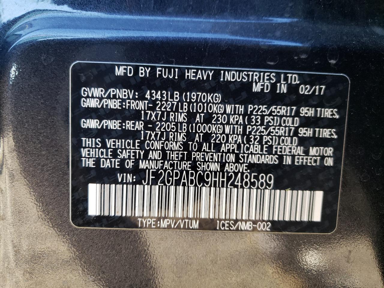 2017 Subaru Crosstrek Premium VIN: JF2GPABC9HH248589 Lot: 84431674