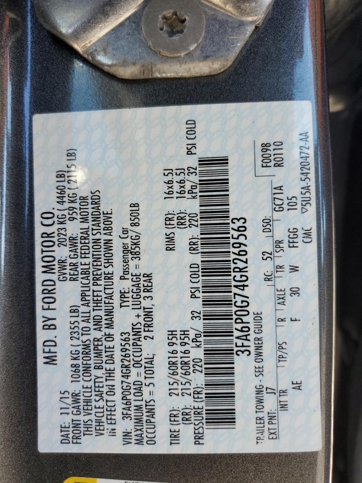 2016 Ford Fusion S VIN: 3FA6P0G74GR269563 Lot: 83979884