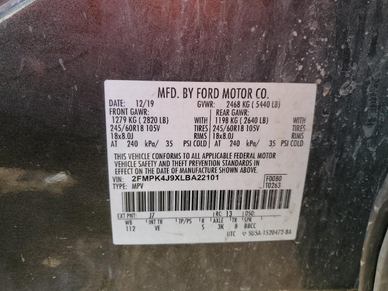 VIN 2FMPK4J9XLBA22101 2020 FORD EDGE no.13