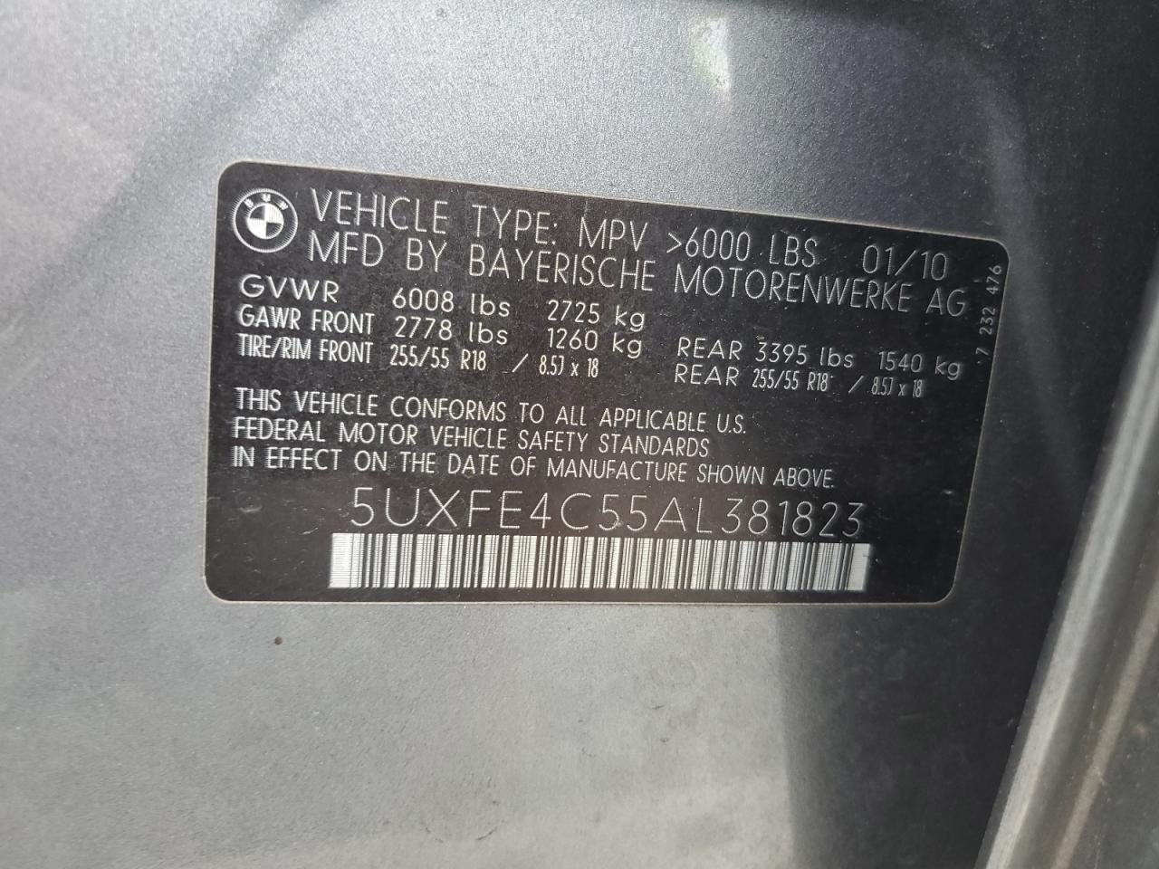 2010 BMW X5 xDrive30I VIN: 5UXFE4C55AL381823 Lot: 85559904