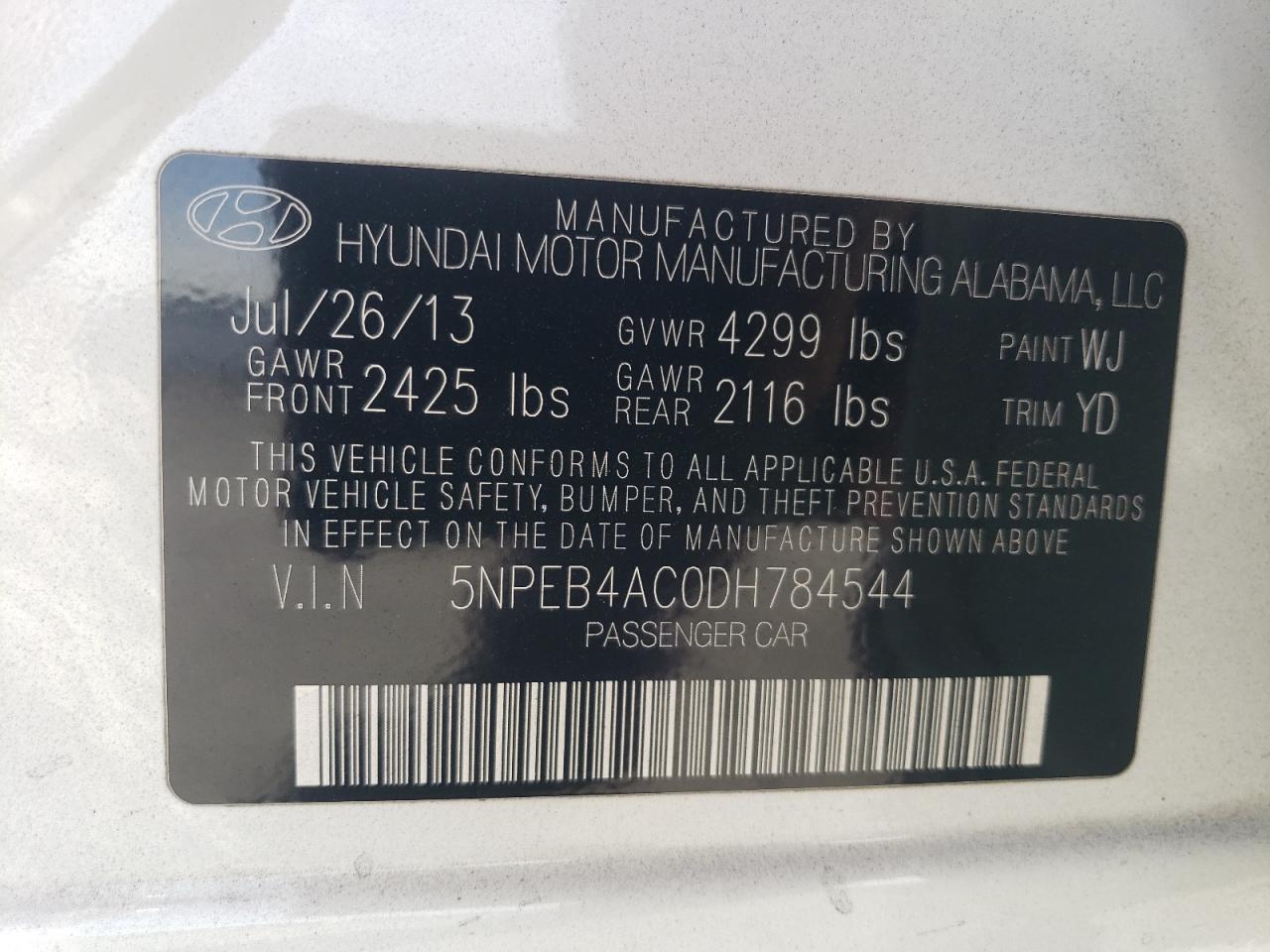 VIN 5NPEB4AC0DH784544 2013 HYUNDAI SONATA no.12