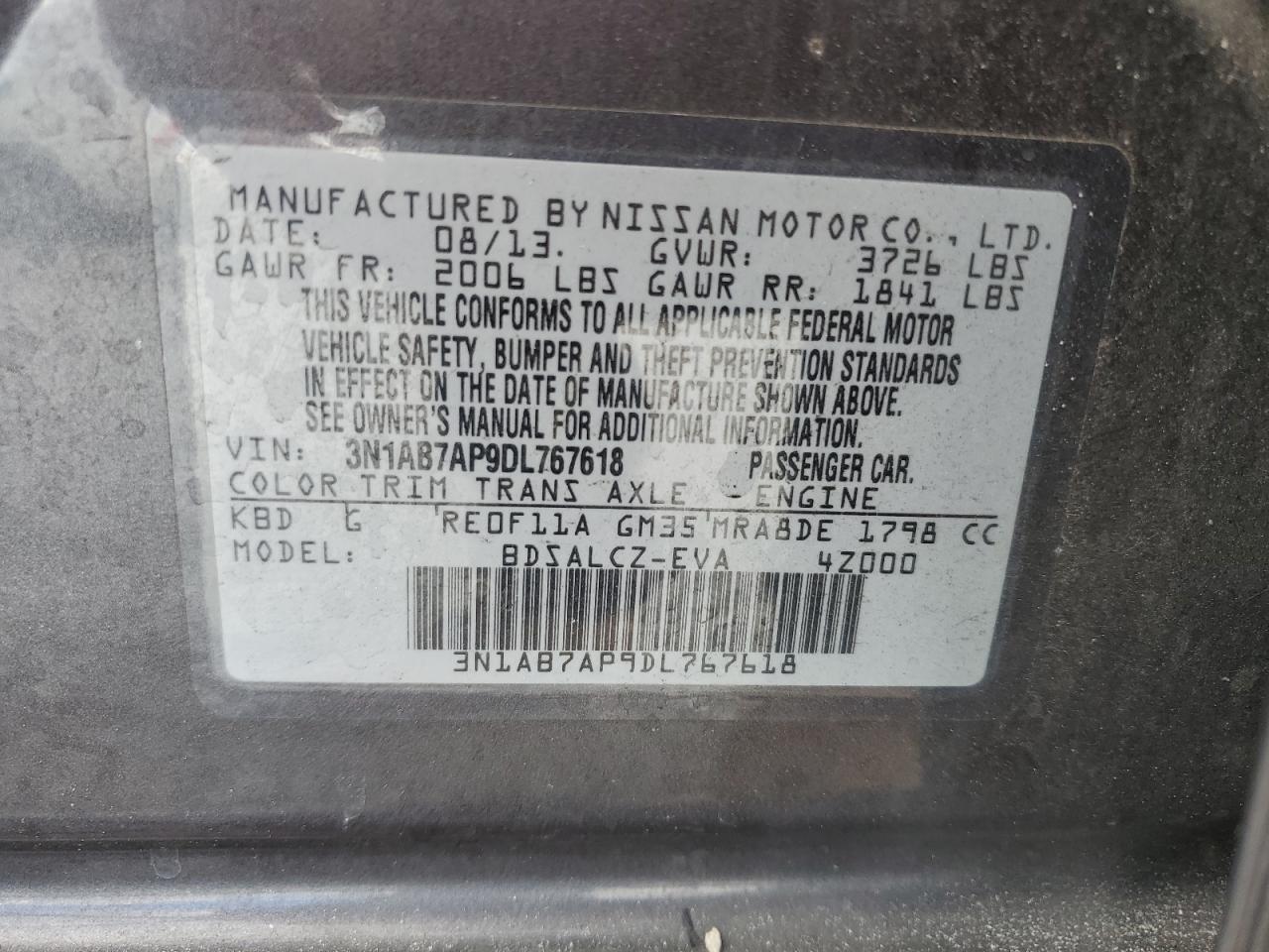 2013 Nissan Sentra S VIN: 3N1AB7AP9DL767618 Lot: 85279214