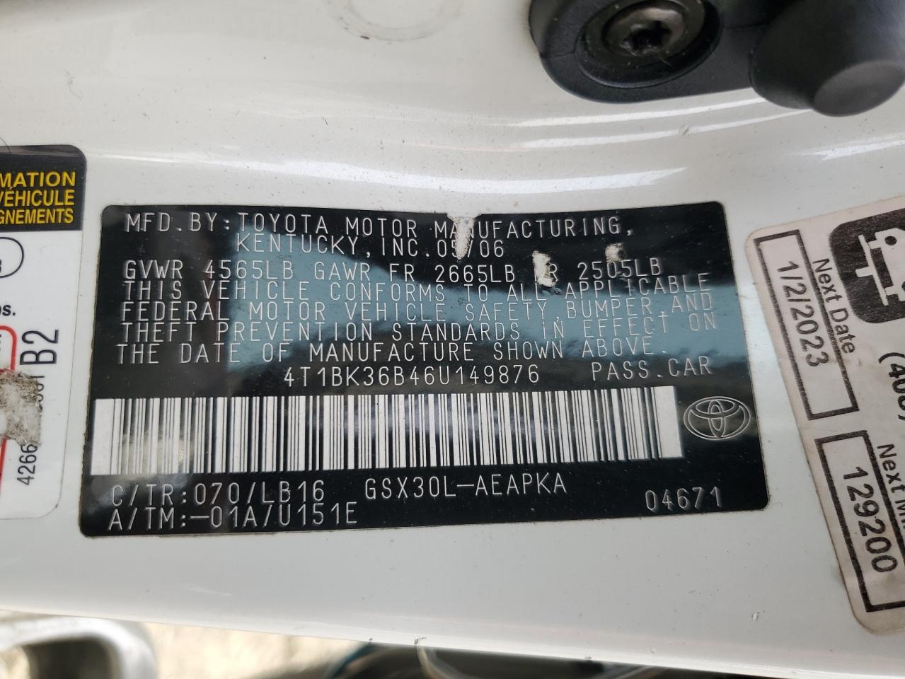 2006 Toyota Avalon Xl VIN: 4T1BK36B46U149876 Lot: 83448804