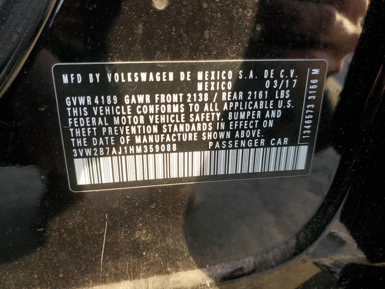 2017 Volkswagen Jetta S VIN: 3VW2B7AJ1HM359088 Lot: 85922744