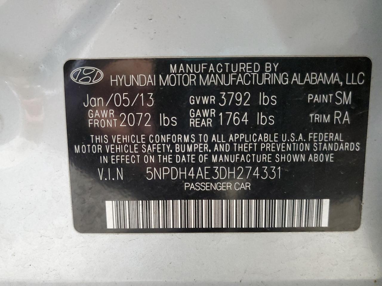 2013 Hyundai Elantra Gls VIN: 5NPDH4AE3DH274331 Lot: 82403474