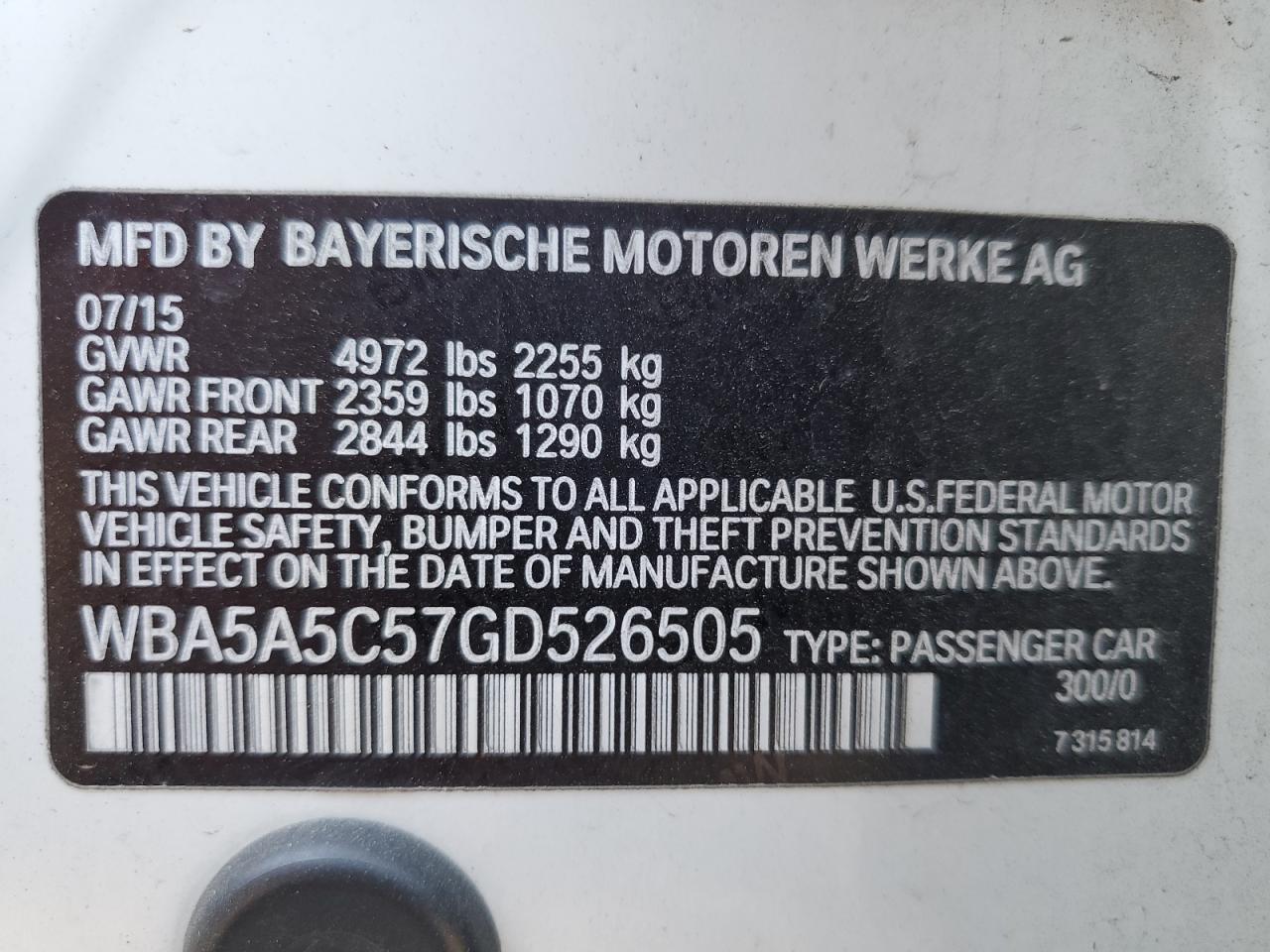 VIN WBA5A5C57GD526505 2016 BMW 5 SERIES no.12