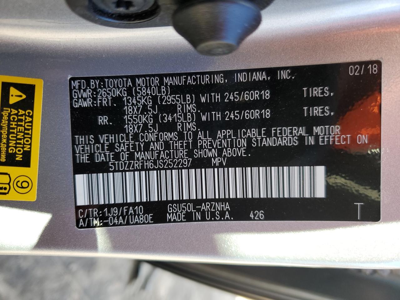 2018 Toyota Highlander Le VIN: 5TDZZRFH6JS252297 Lot: 84486594