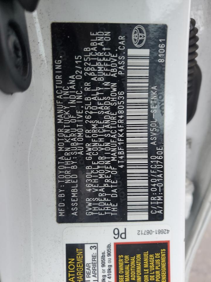 2015 Toyota Camry Le VIN: 4T4BF1FK4FR480536 Lot: 84738484