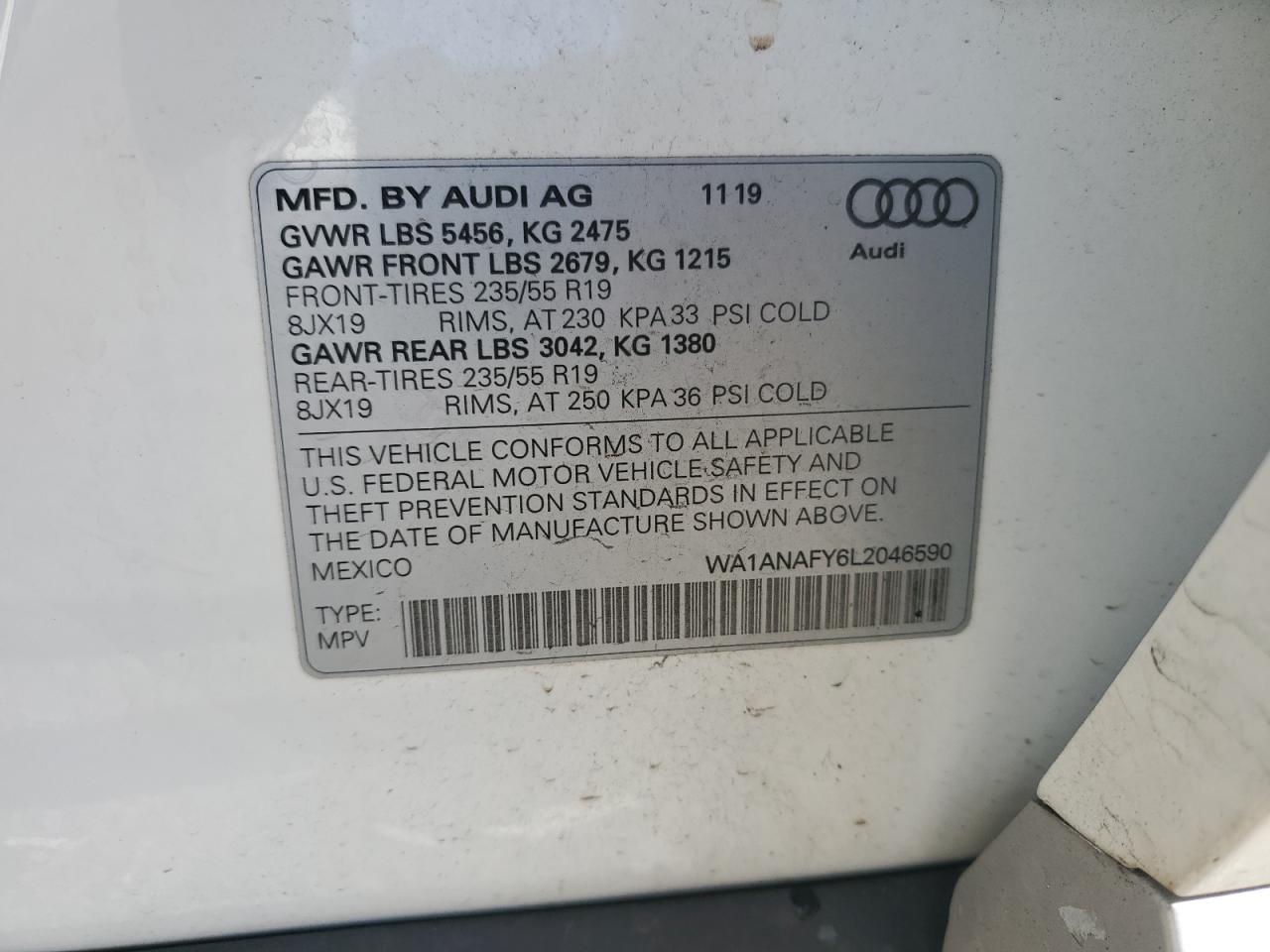 VIN WA1ANAFY6L2046590 2020 AUDI Q5 no.13