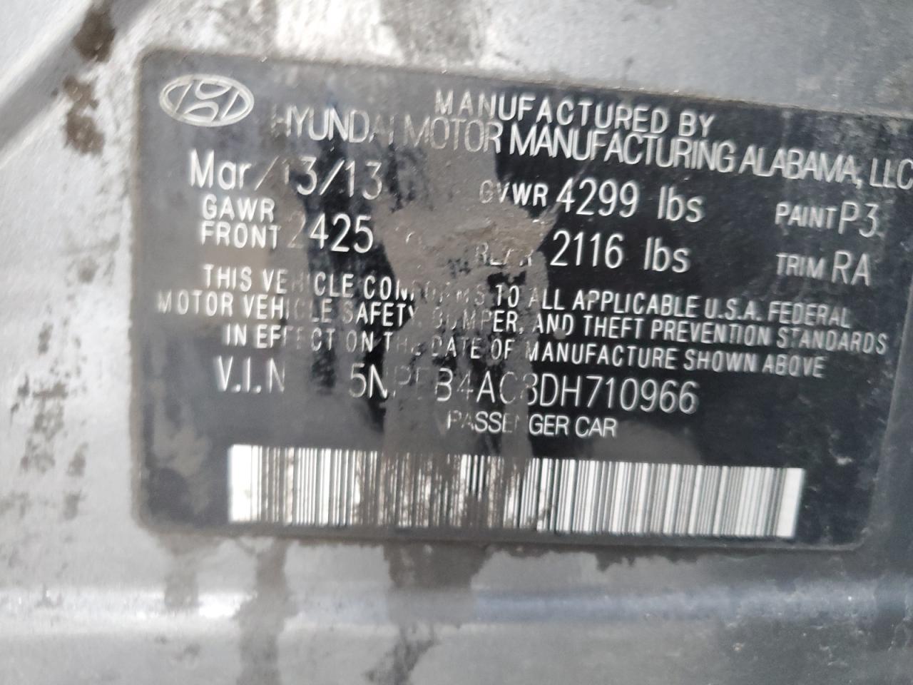 2013 Hyundai Sonata Gls VIN: 5NPEB4AC8DH710966 Lot: 86815184