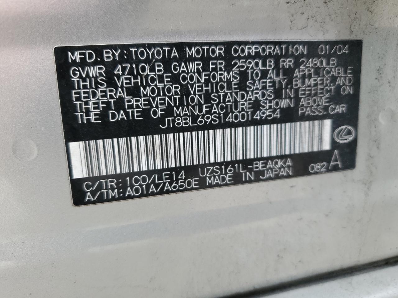 2004 Lexus Gs 430 VIN: JT8BL69S140014954 Lot: 85100064