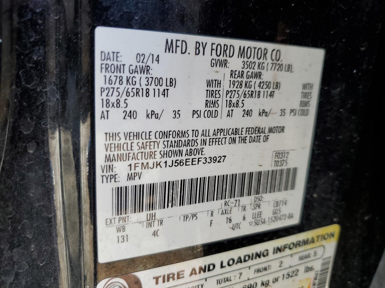 2014 Ford Expedition El Xlt VIN: 1FMJK1J56EEF33927 Lot: 86429404