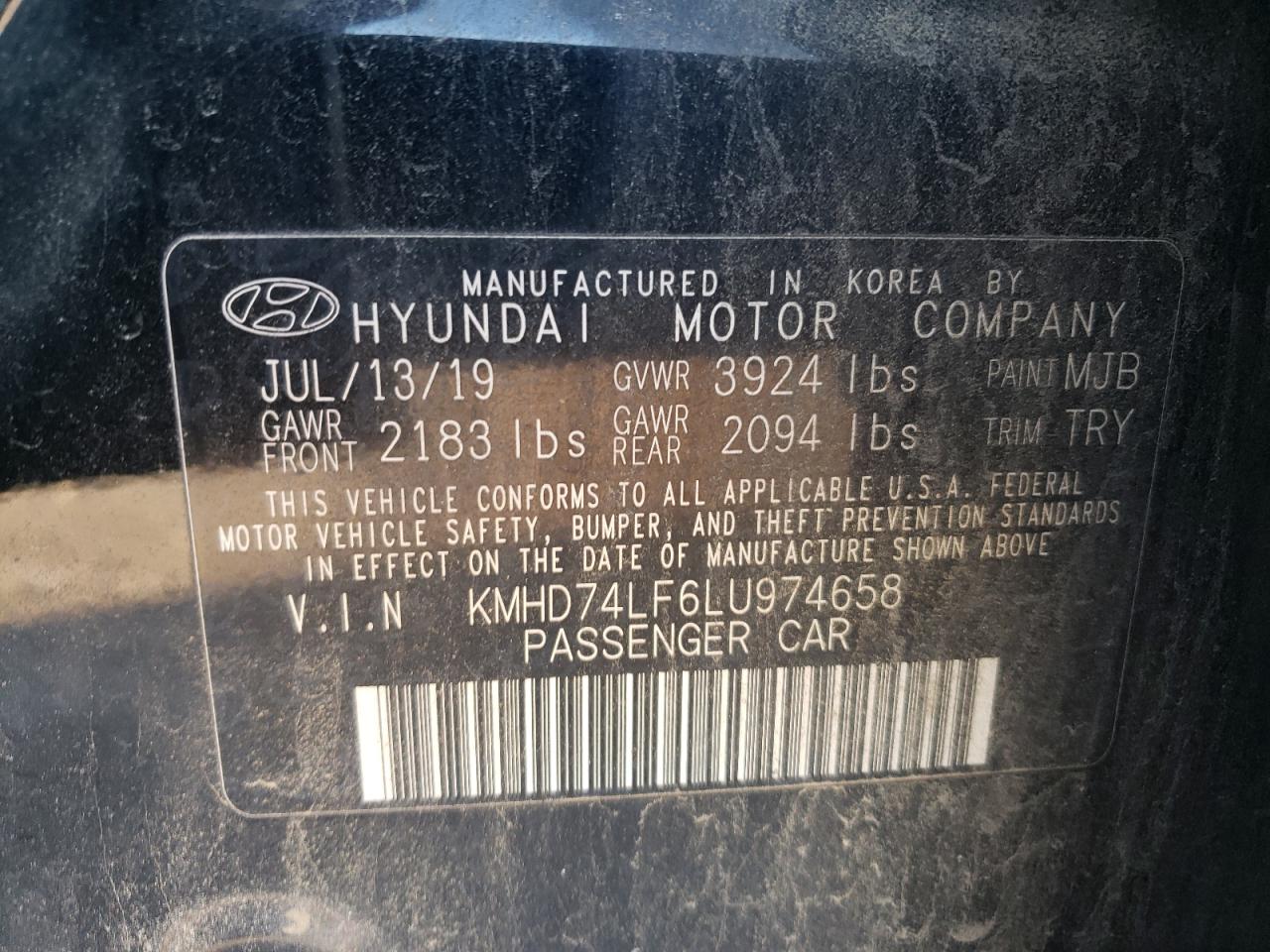 VIN KMHD74LF6LU974658 2020 HYUNDAI ELANTRA no.12