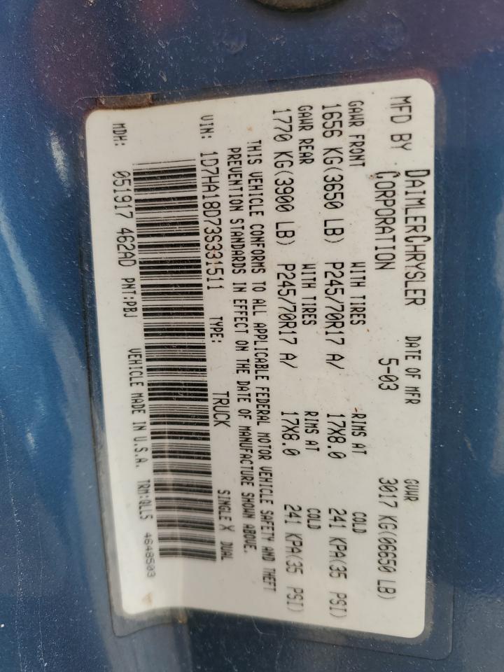 2003 Dodge Ram 1500 St VIN: 1D7HA18D73S331511 Lot: 84178304