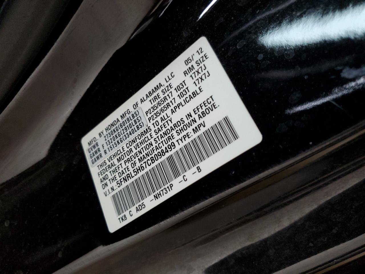 2012 Honda Odyssey Exl VIN: 5FNRL5H67CB098499 Lot: 83118404