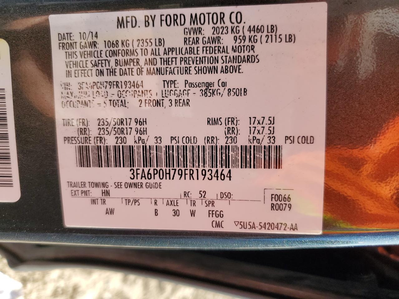 VIN 3FA6P0H79FR193464 2015 FORD FUSION no.12