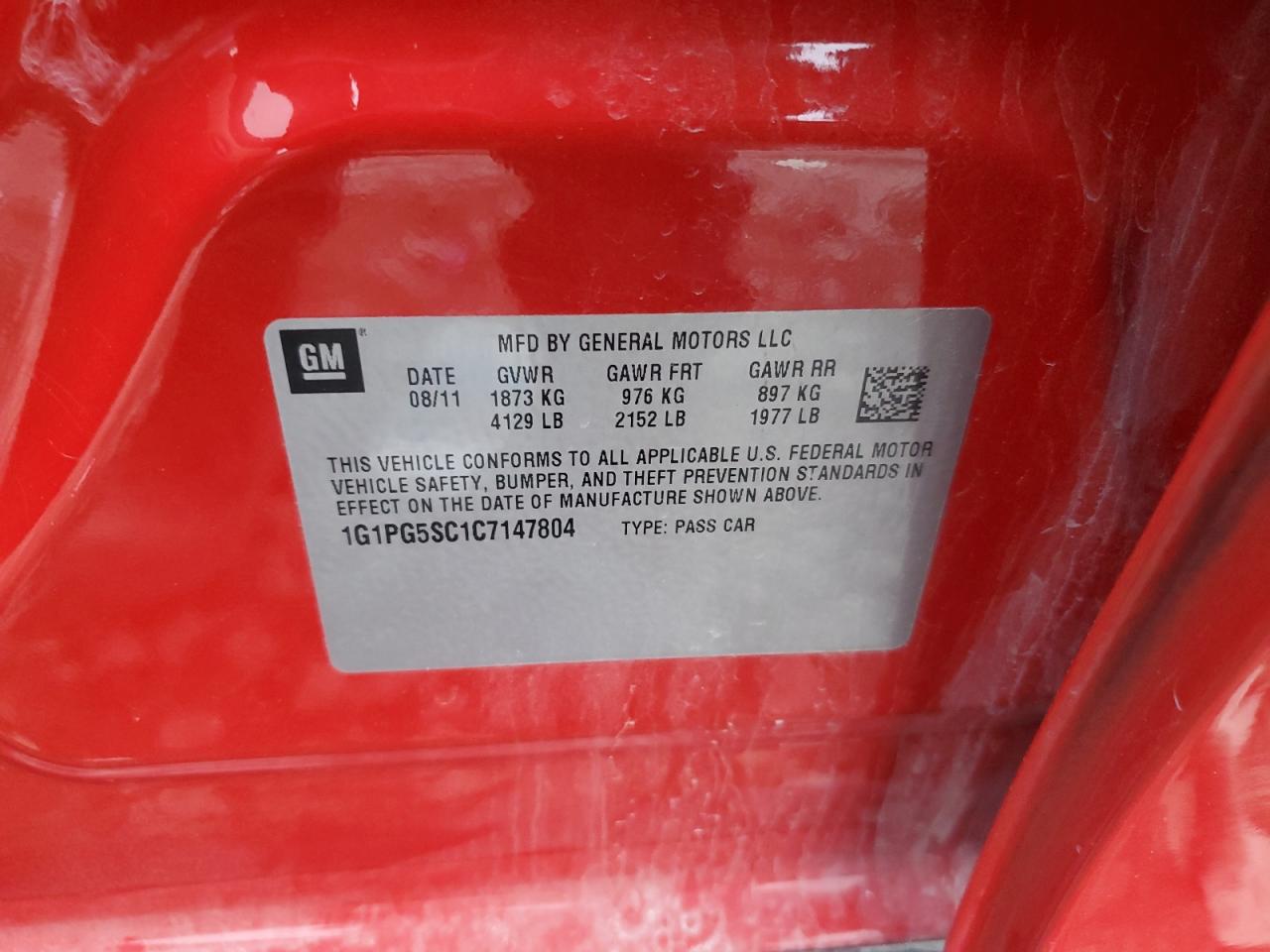 2012 Chevrolet Cruze Lt VIN: 1G1PG5SC1C7147804 Lot: 85500354