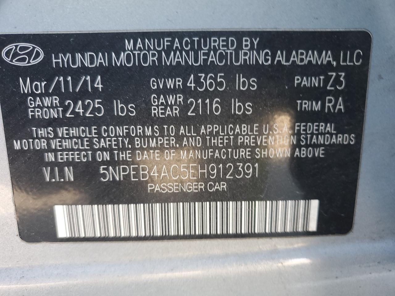 VIN 5NPEB4AC5EH912391 2014 HYUNDAI SONATA no.12