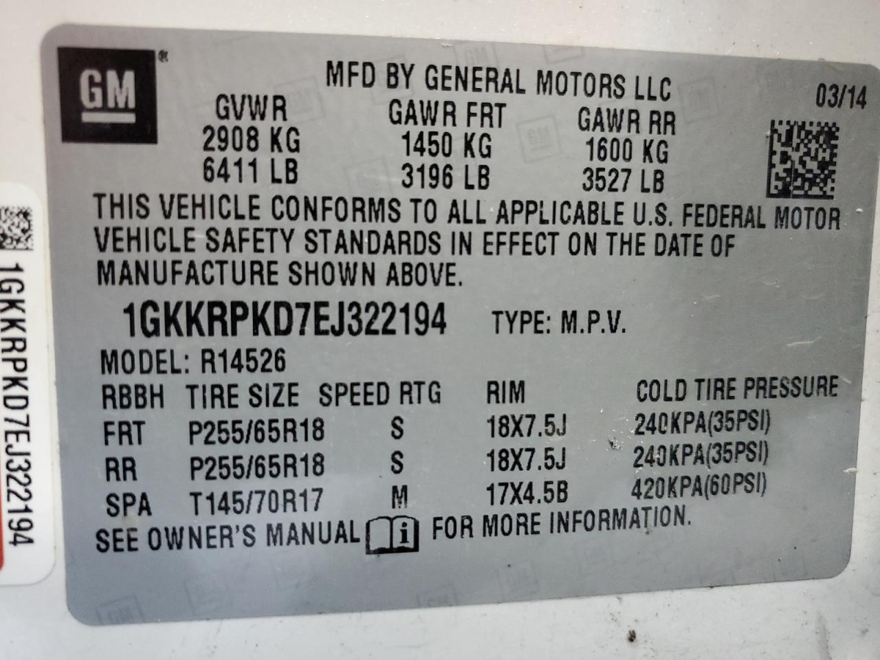 VIN 1GKKRPKD7EJ322194 2014 GMC ACADIA no.13