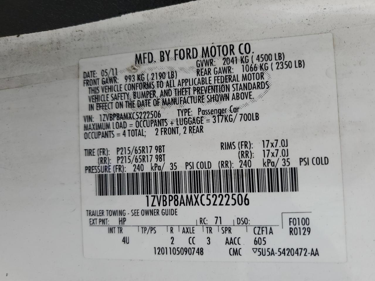 2012 Ford Mustang VIN: 1ZVBP8AMXC5222506 Lot: 86172134