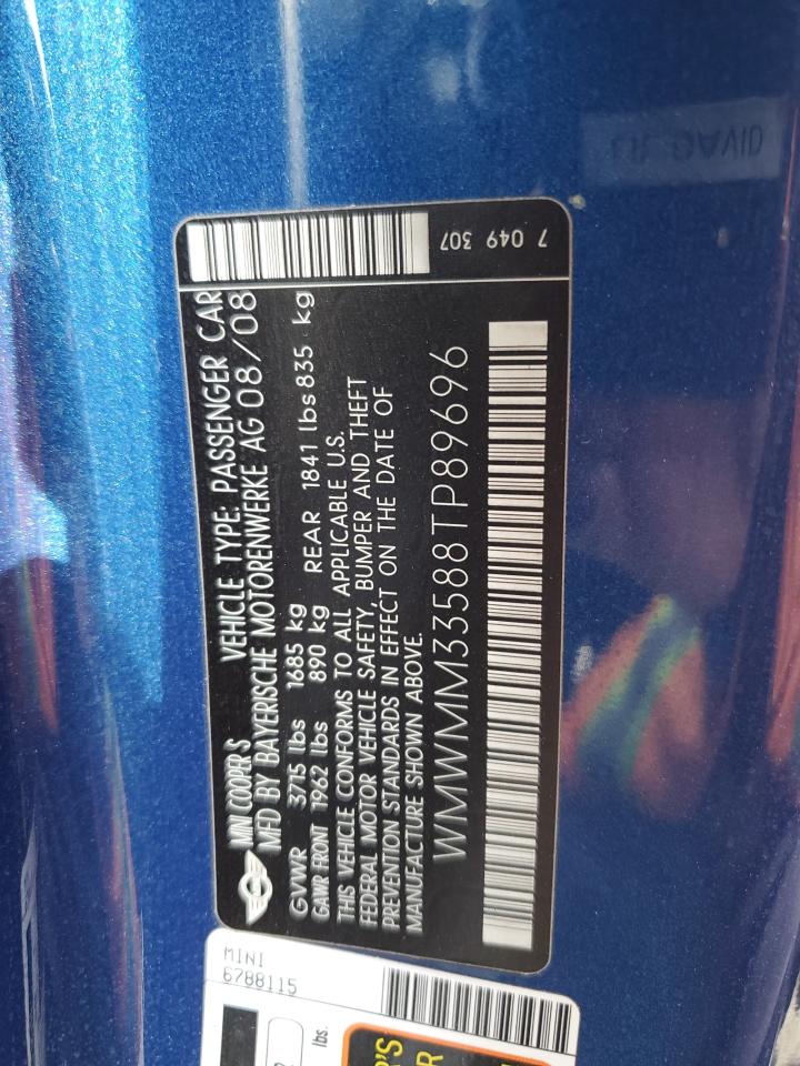 2008 Mini Cooper S Clubman VIN: WMWMM33588TP89696 Lot: 84722464