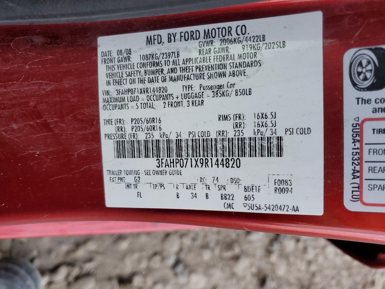 2009 Ford Fusion Se VIN: 3FAHP071X9R144820 Lot: 81271794