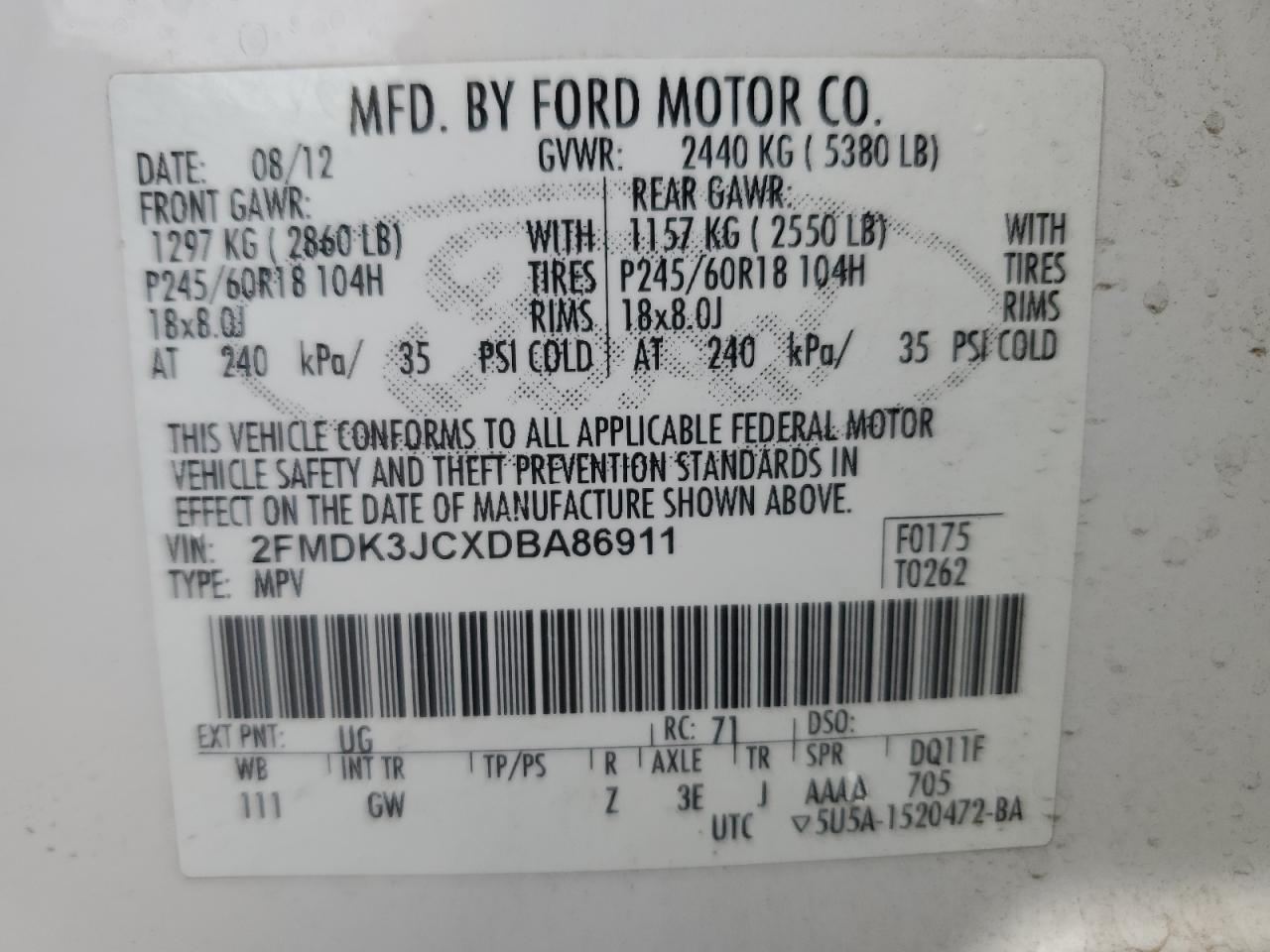 VIN 2FMDK3JCXDBA86911 2013 FORD EDGE no.13