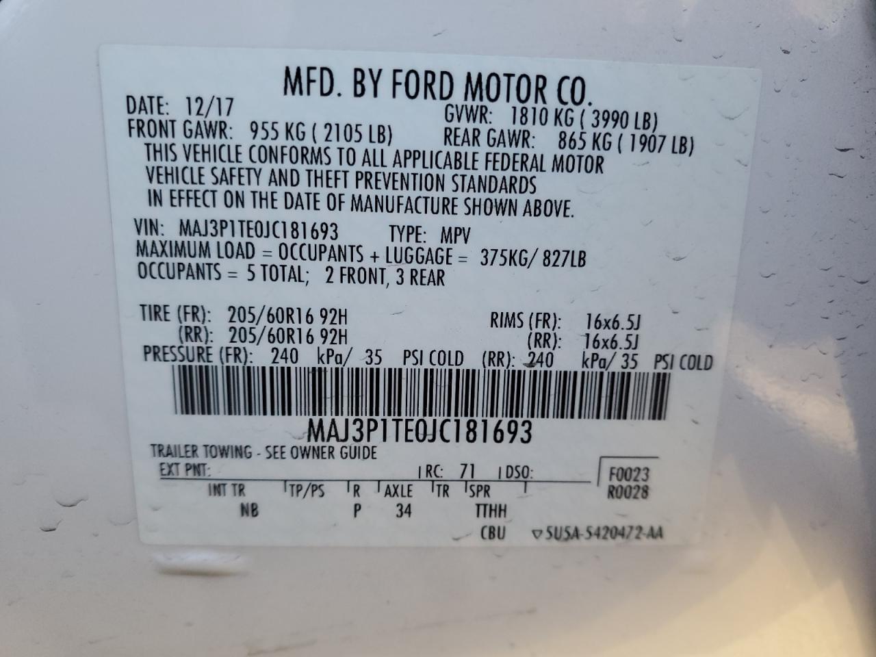 VIN MAJ3P1TE0JC181693 2018 FORD ECOSPORT no.13