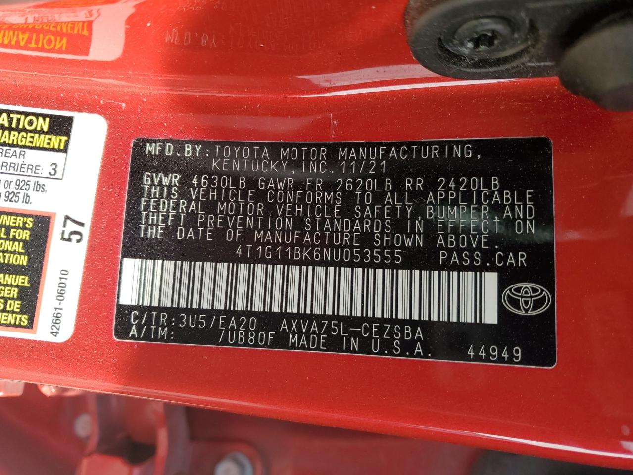 2022 Toyota Camry Se VIN: 4T1G11BK6NU053555 Lot: 87085624