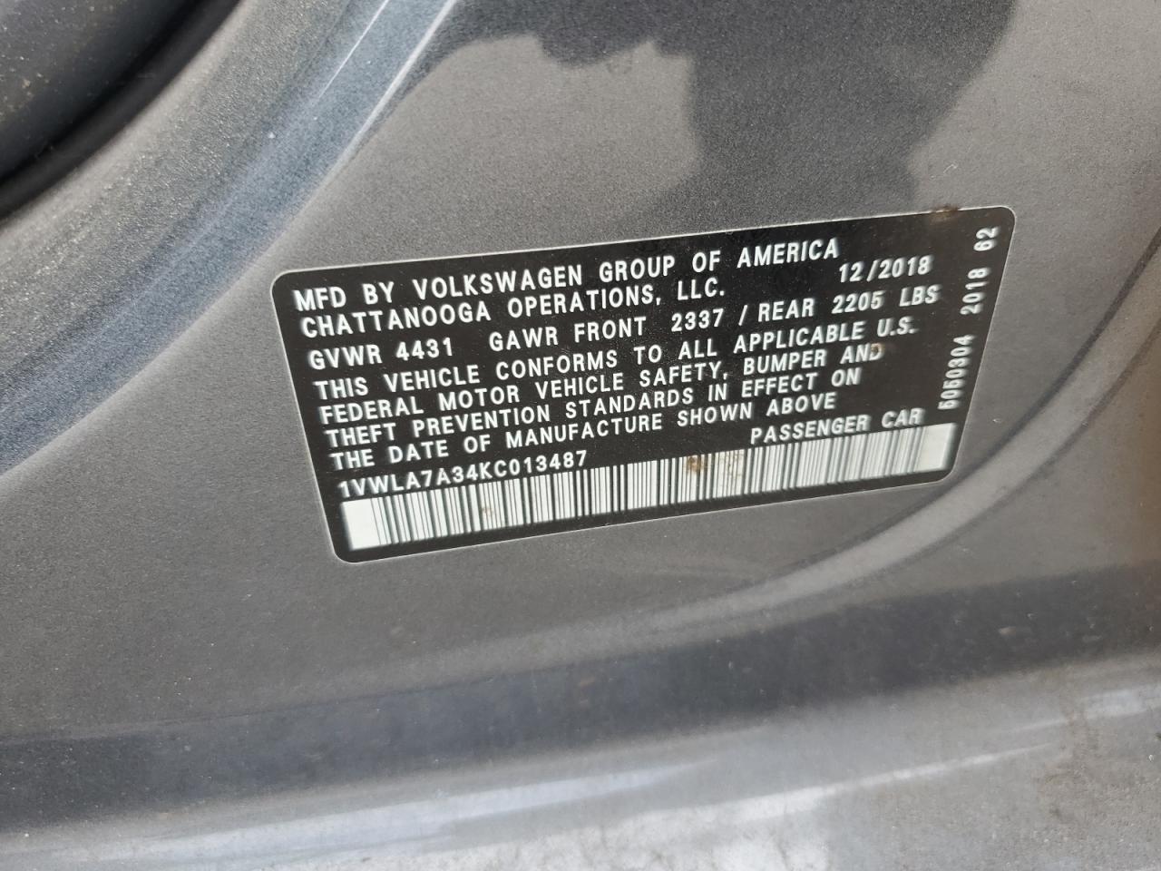 VIN 1VWLA7A34KC013487 2019 VOLKSWAGEN PASSAT no.13