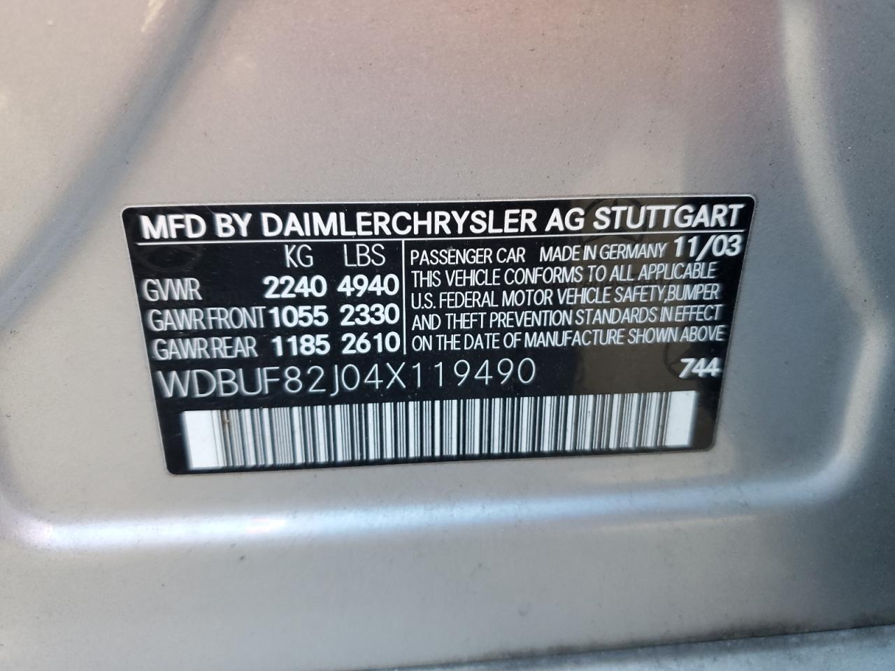 2004 Mercedes-Benz E 320 4Matic VIN: WDBUF82J04X119490 Lot: 84302744