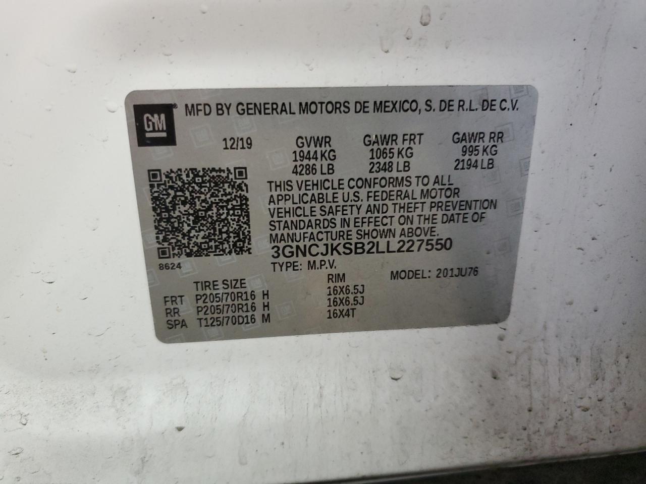 2020 Chevrolet Trax Ls VIN: 3GNCJKSB2LL227550 Lot: 84324804