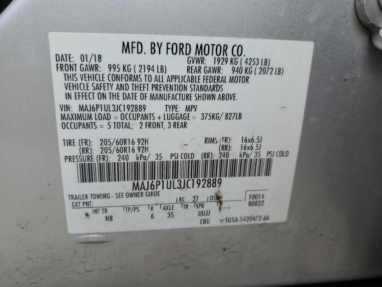 2018 Ford Ecosport Se VIN: MAJ6P1UL3JC192889 Lot: 87070134