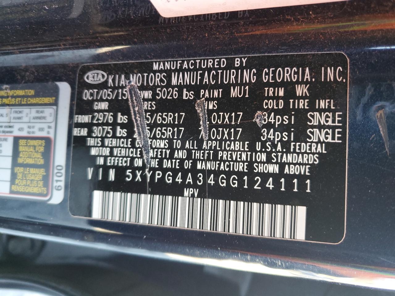 VIN 5XYPG4A34GG124111 2016 KIA SORENTO no.13