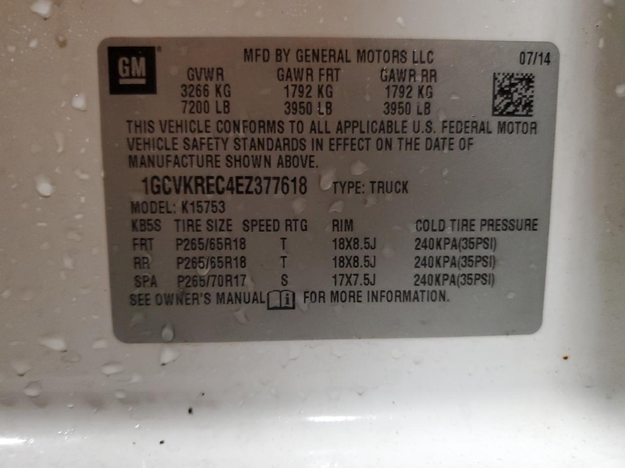 2014 Chevrolet Silverado K1500 Lt VIN: 1GCVKREC4EZ377618 Lot: 84904384