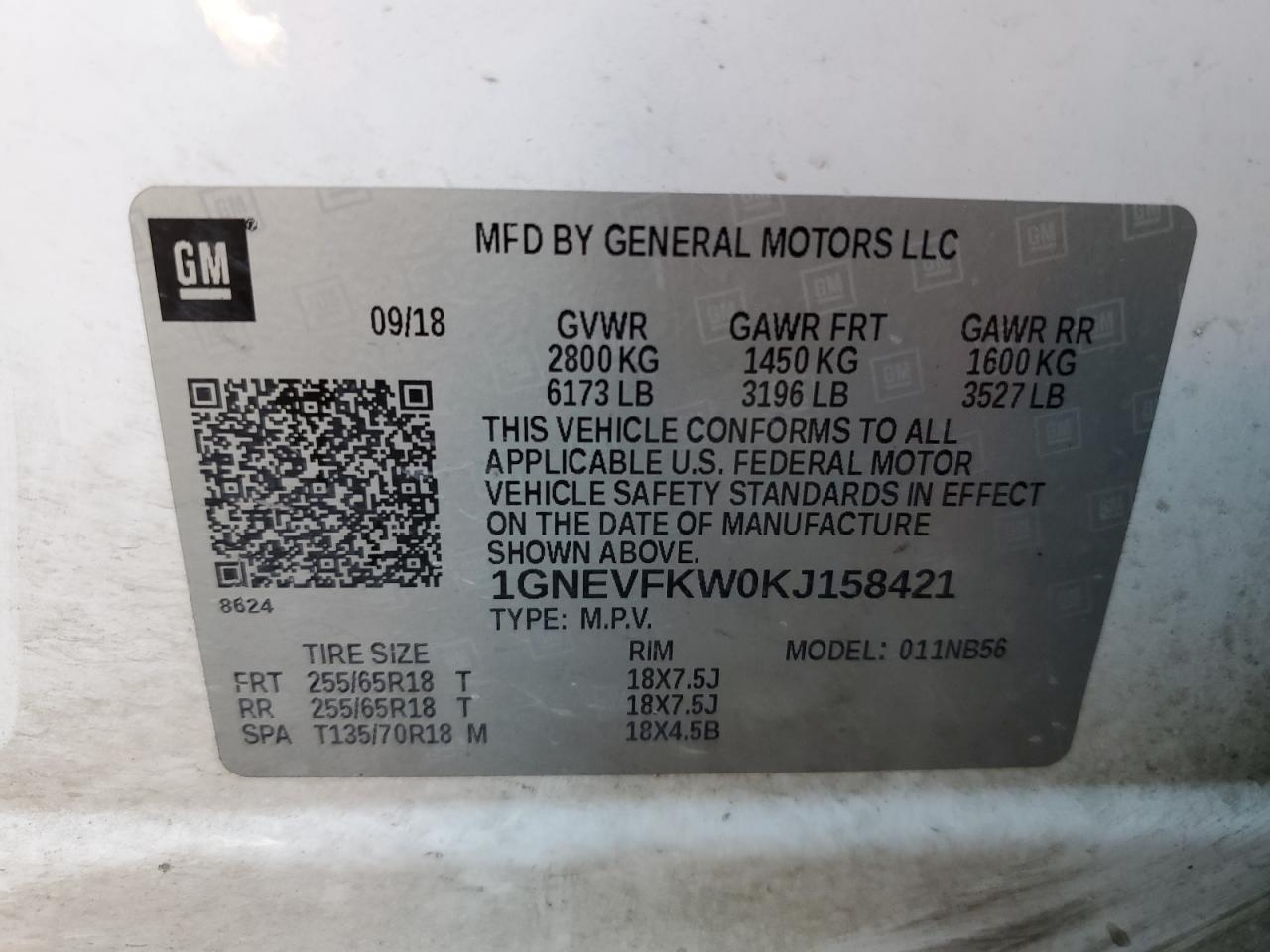 VIN 1GNEVFKW0KJ158421 2019 CHEVROLET TRAVERSE no.13