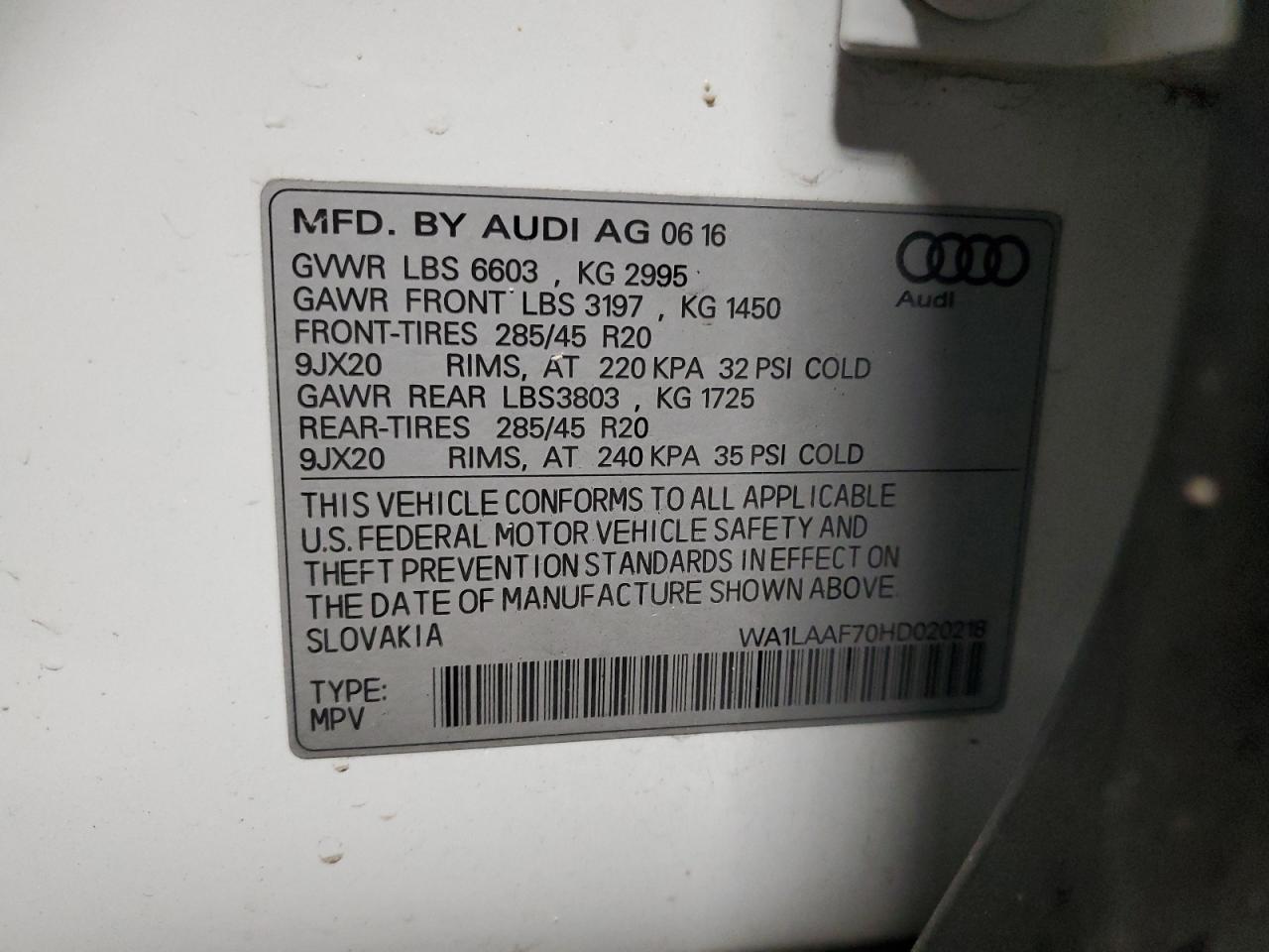 VIN WA1LAAF70HD020218 2017 AUDI Q7 no.13