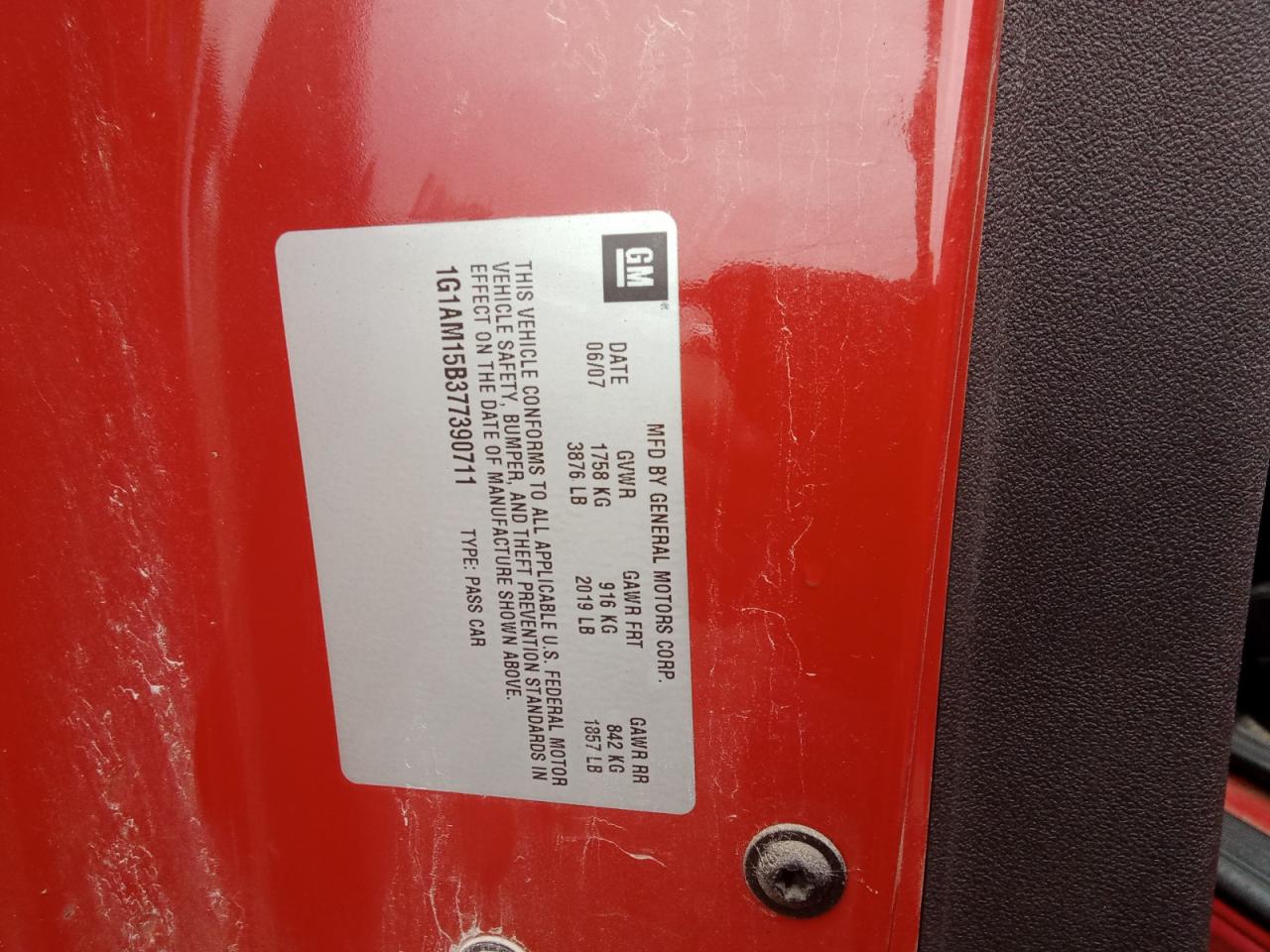 2007 Chevrolet Cobalt Ss VIN: 1G1AM15B377390711 Lot: 42240495